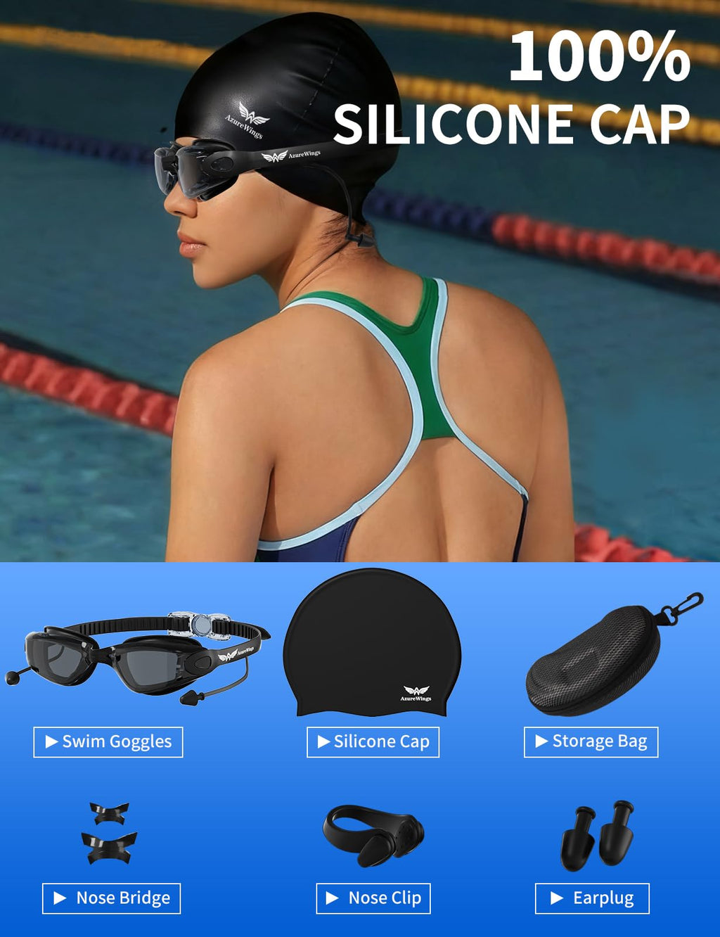 AzureWings 7 in 1 Swim Goggles + Swim Cap for Men Women,No Leak Anti-Fog & UV, Wide Visio HD Mirror PC Lens