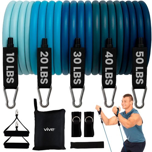 Vive Resistance Band Set (11 PCS) (With App) - Versatile Exercise Tubes with Wide Handles, Workout Poster, & Door Anchor - Adjustable 10-50 LB Tension for Full Body Home Fitness & Rehab -for Men/Women