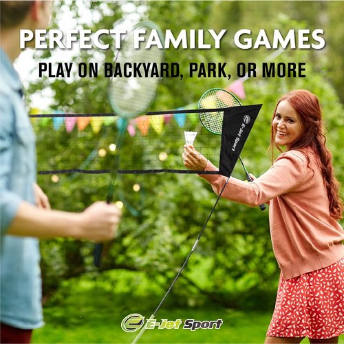 E-Jet Badminton Net Rackets Shuttlecocks Combo Set - Portable & Instant Setup (Backyard Fun, Beach Park Picnic Outdoor Games), Green, 5.1 x 7.8Ft (EOB727402021)