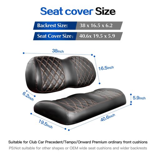 NOKINS Golf Cart P-P Diamond Leather seat Cover for it Club Car Precedent/Tempo/Onward Premium,No Stapler Required, Golf Cart Vinyl Replacement Seat Cover.Black&Brown Stitching