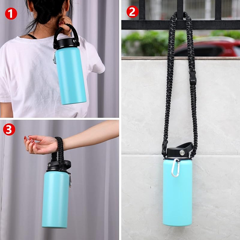 Paracord Bottle Carrier with Shoulder Strap for Wide Mouth Bottles, Black