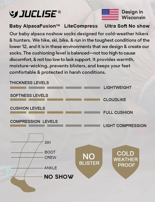 Juclise Alpaca Wool Any Season No Show Midweight Merino Outdoors Socks Men&Women Moisture Wicking Hiking Cushioned Breathable (US, Alpha, Large, Regular, Regular, Classic Black)