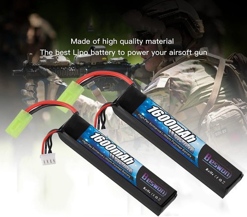 BESWON 2 Packs Airsoft Battery 11.1V Rechargeable 1600mAh 30C Lipo Battery with Mini Tamiya Connector，2S-3S Balance Charger for Airsoft Guns Rifle