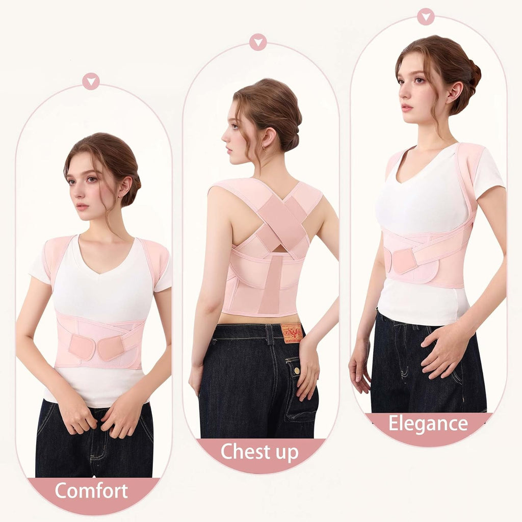 Skiennix Posture Corrector - Adjustable Full Back Support Brace for Men & Women | Hunchback Relief, Medium Pink