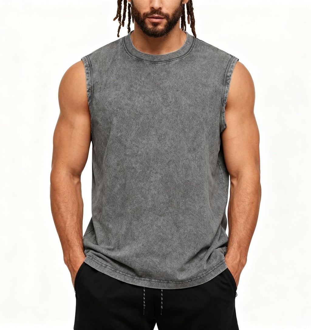 Skiennix Men's Workout Tank Tops - Sleeveless Cotton Muscle Shirts for Gym | Acid Wash, Loose Fit