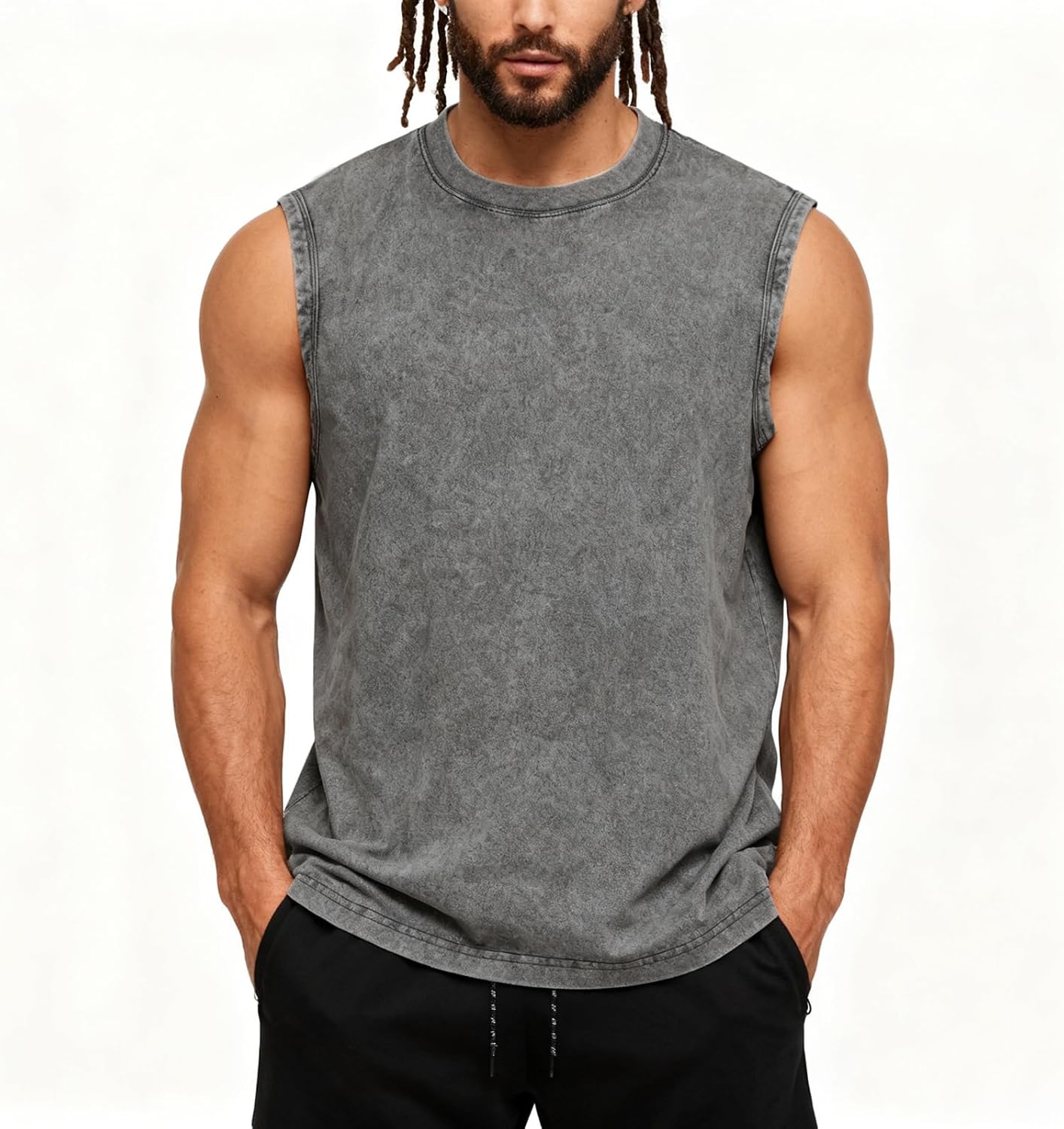 Skiennix Men's Workout Tank Tops - Sleeveless Cotton Muscle Shirts for Gym | Acid Wash, Loose Fit