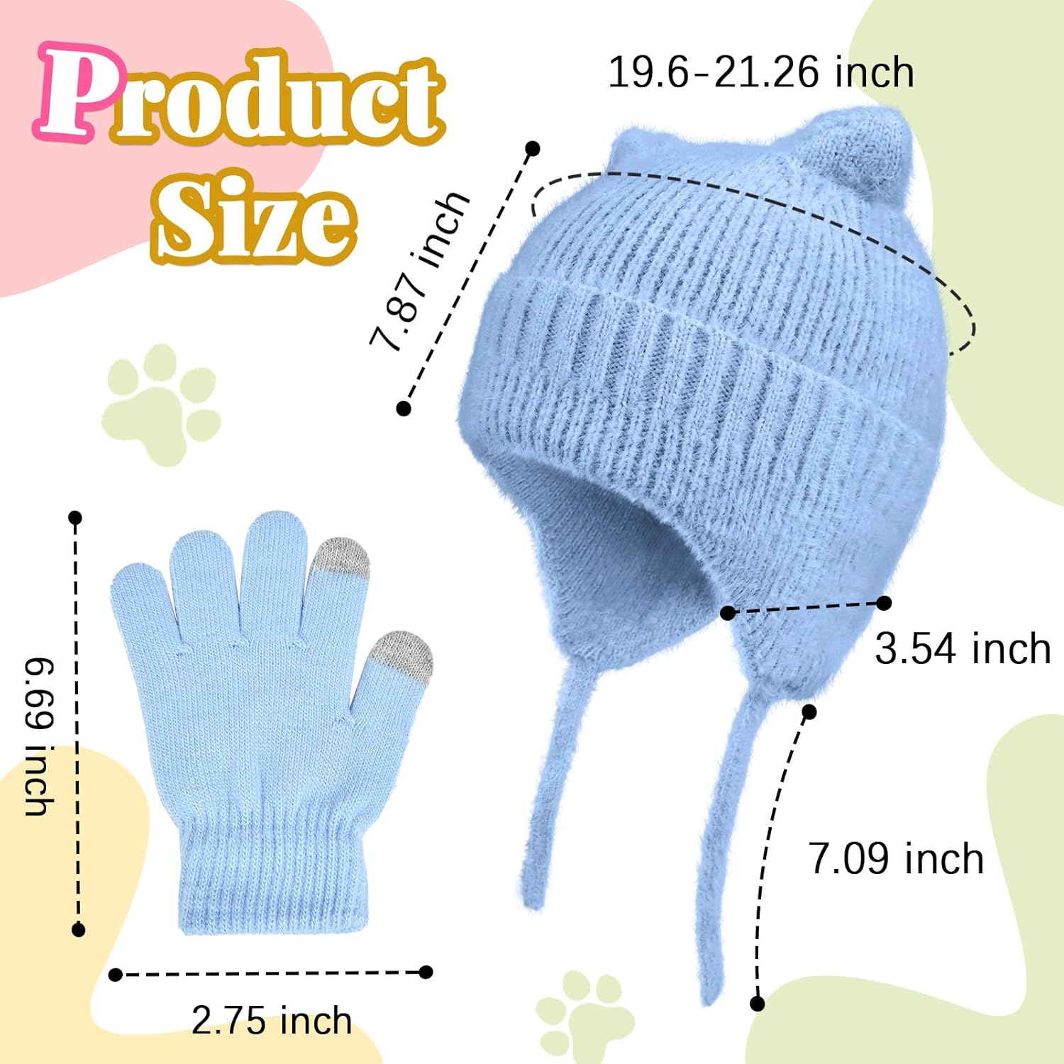 ZOORON Kids Winter Hat and Glove Set - Cat Beanie with Warm Ear Flaps | Knit Skull Cap for Ages 5-15
