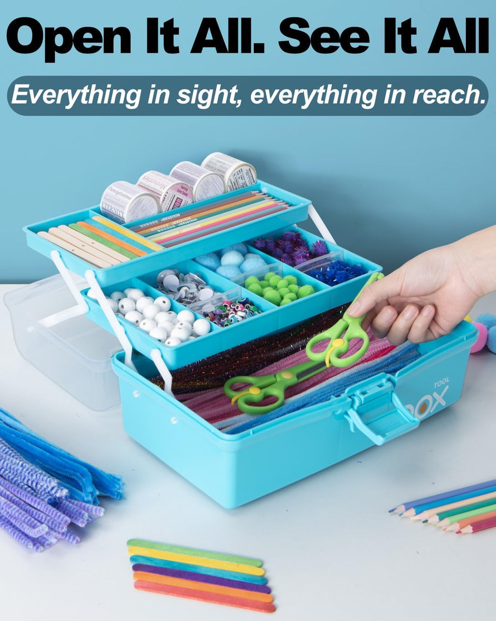Skiennix 12-Inch 3-Layer Craft Organizer - Portable Tackle Box with Adjustable Dividers | Blue