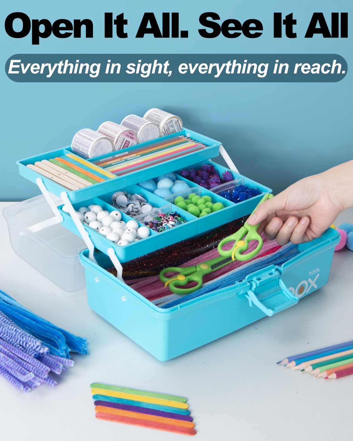 Skiennix 12-Inch 3-Layer Craft Organizer - Portable Tackle Box with Adjustable Dividers | Blue