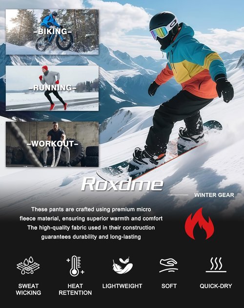 Roxdme Men Thermal Compression Pants Fleece Lined Tights Athletic Heated Leggings Cold Weather Baselayer Winter Gear Pockets Black