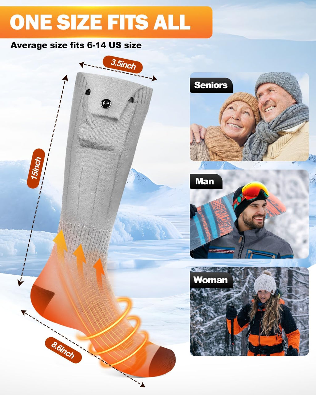 Zoomsnail Electric Heated Socks, 3 Heating Settings Washable Heated Sock for Fishing Skiing Hiking Skating, Valentine's Day Gifts, 5000mAh Rechargeable Electric Socks for Men Women