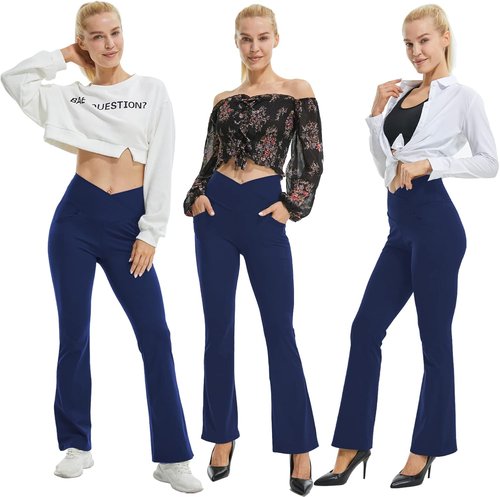 FireSwan Women's High Waisted Crossover Flare Leggings - Tummy Control with Pockets for Gym & Yoga