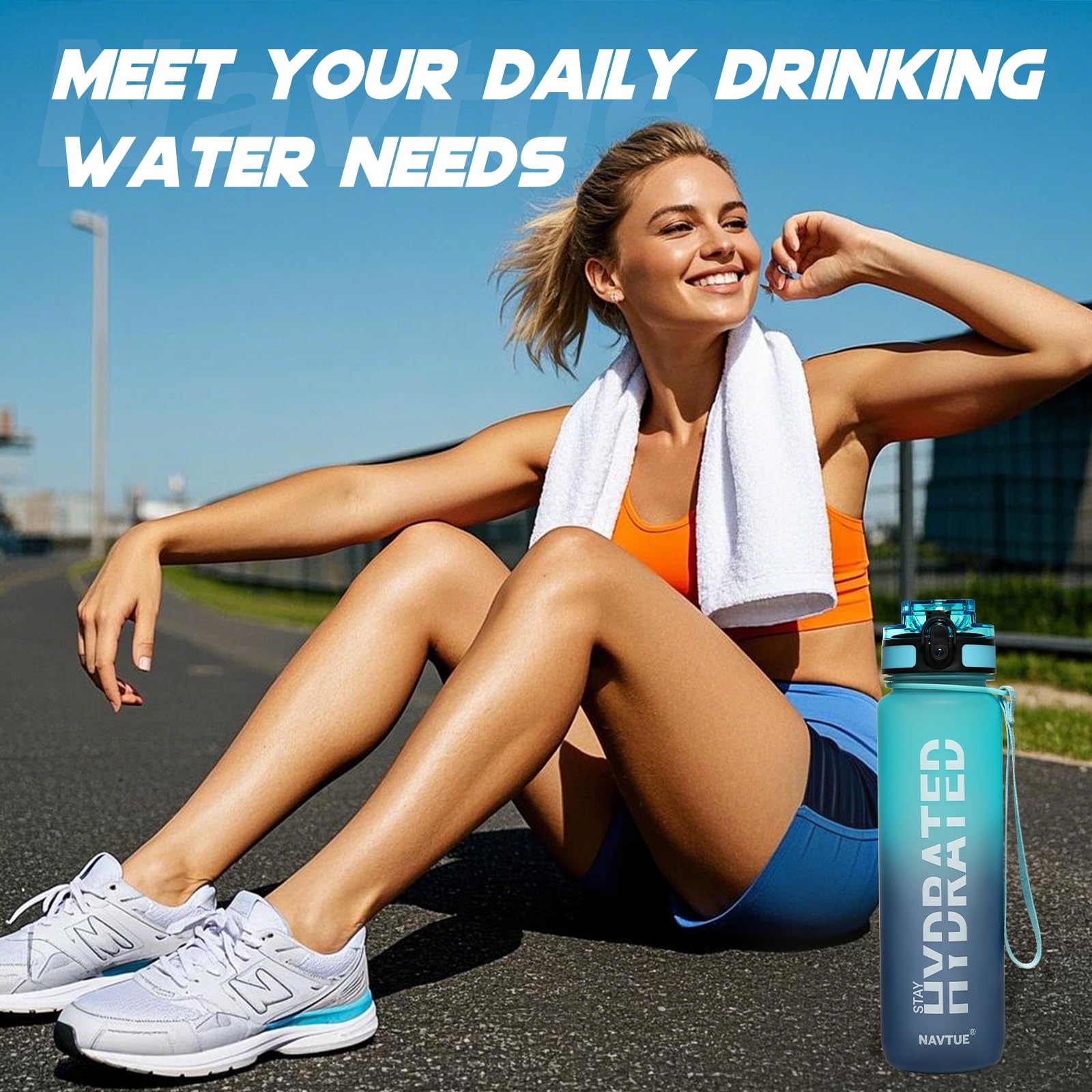 NAVTUE Water Bottle, 32oz Sports Water Bottles with Time Marker Wide Mouth, Motivational and Leakproof Drink Bottle, BPA Free Tritan with Carry Strap for Gym Fitness Outdoor(Direct Drink)