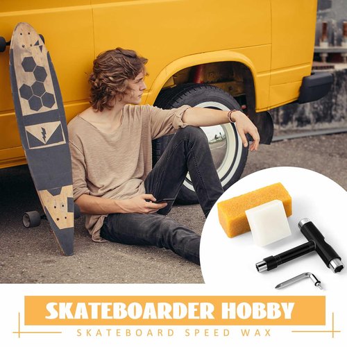 Threlaco 3 Pcs All in One Skate Tool Set Multi Function Portable Skateboard Tool with Skateboard Wax and Cleaner 2 in 1 T Type Allen Key and L Type Head Screwdriver for Gift(Metal Socket)