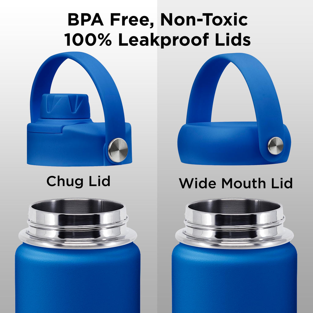 ThermoProof Double-Walled Vacuum Insulated Stainless Steel Water Bottle - Wide Mouth with Chug & Spout Lids, Dishwasher Safe, Reusable, Leakproof, Hot & Cold for Men, Women & Kids - 22oz, Blue