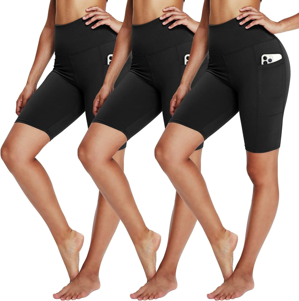 Skiennix Biker Shorts for Women - 3 Pack of 8" Black High Waisted Tummy Control for Gym & Yoga