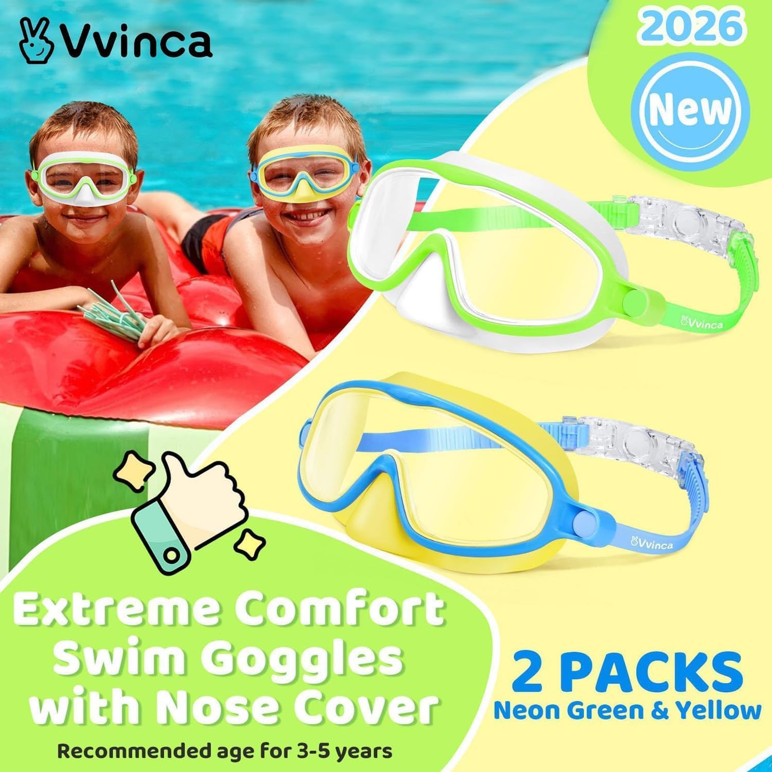 Vvinca Kids Swim Goggles - Anti-Fog Diving Mask with Nose Cover | Wide View, UV Protection, Ages 3-5
