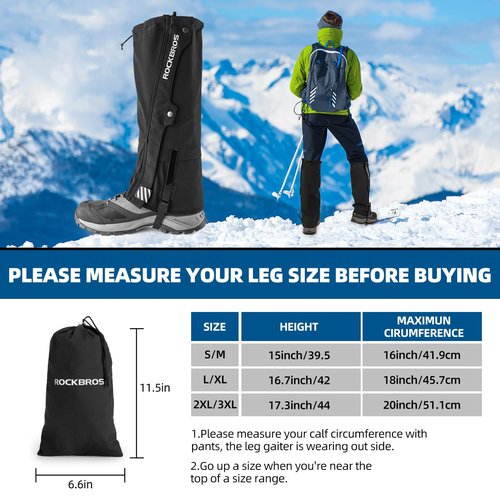 ROCKBROS Snow Boot Leg Gaiters for Hiking Waterproof Leg Gaiter for Skiing Walking Snow Boot Gaiters Tear Resistant Adjustable Gaiters