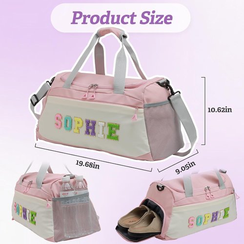 Chenille Personalized Girls Dance Bag - Custom Name with Shoes Compartment | Large Capacity Gym Duffle for Yoga, Ballet & Travel