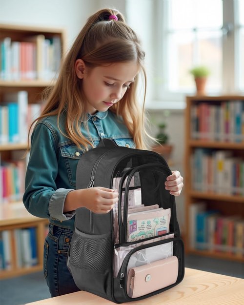 KIMNERPU Clear Backpack - Heavy Duty Transparent Bookbag with Reinforced Straps | X-Large Black for School & Travel