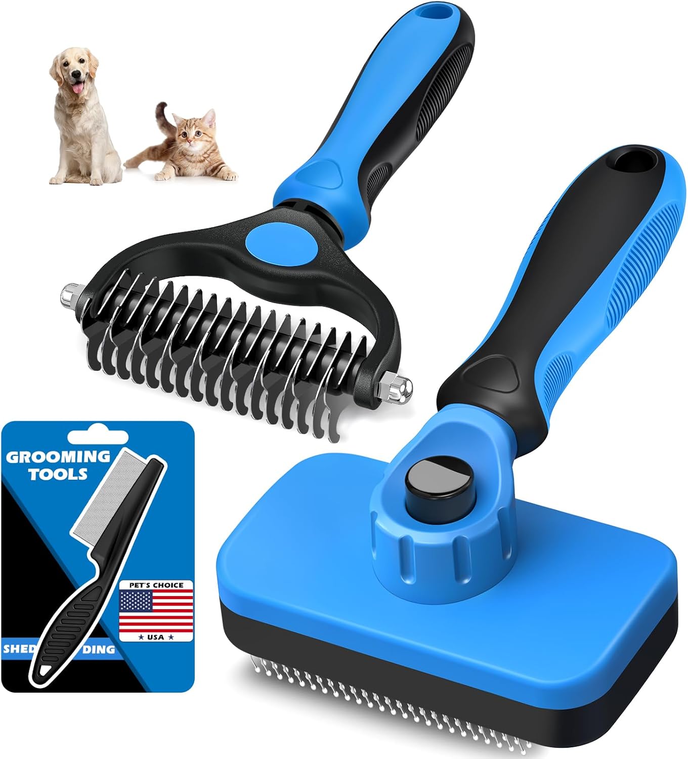 Skiennix Self-Cleaning Slicker Brush Set - Pet Grooming Rake & Flea Comb for Dogs, Cats & Horses | Double-Sided Dematting Tool (Blue)