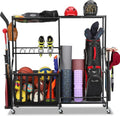 Garage Sports Equipment Organizer - Heavy-Duty Rolling Golf Bag Storage Rack with Bins & Hooks | Black, Large