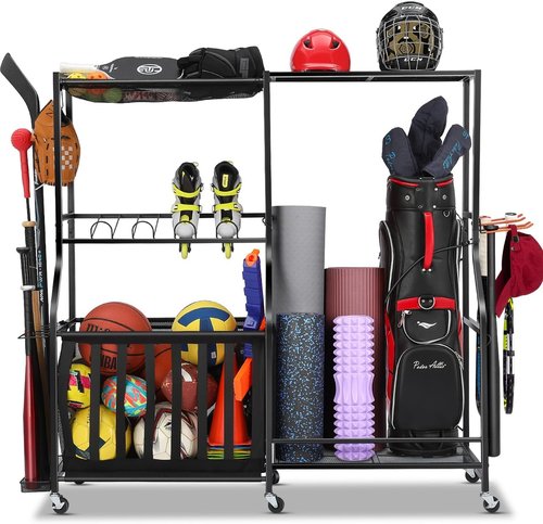 Garage Sports Equipment Organizer - Heavy-Duty Rolling Golf Bag Storage Rack with Bins & Hooks | Black, Large