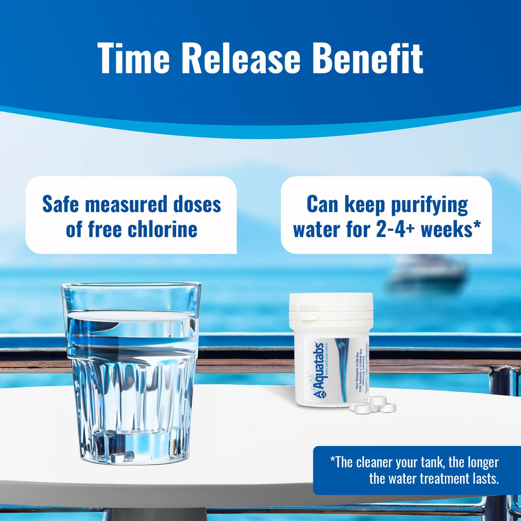 Aquatabs Water Purification Tablets for Drinking - 100 Tablets + 2 Chlorine Test Strips - Water Purifier Starter Kit - for Boat and RV Tanks - by Aquamarine Water Solutions