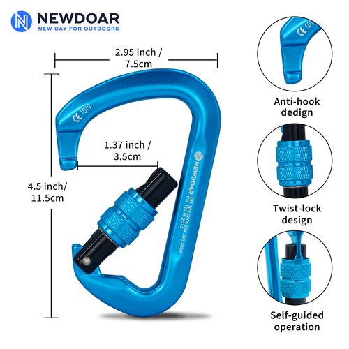 NewDoar CE Certified 30kN-6744lbs Climbing Carabiner Professional, Heavy Duty D Screwgate Clip, for Climbing,Rappelling,Hunting, Rescue