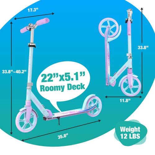 BELEEV V5 Scooters for Kids 6 Years and up, Folding Kick Scooter 2 Wheel for Adults Teens, 4 Adjustable Handlebar, 230mm Big Wheels, Lightweight Sports Commuter Scooter, up to 220lbs(Blue Purple)