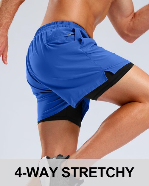 Pudolla Men's 2 in 1 Workout Running Shorts 5" Quick Dry Lined Gym Shorts Athletic with 4 Pockets for Men Tennis Training(Bright Blue Large)
