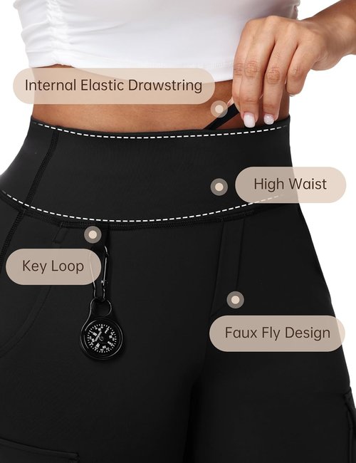 HOTSUIT Cargo-Yoga-Pants for Women 6 Pockets Stretch Work Trouser Adjustable High Waist Leggings Office Casual Travel 29''
