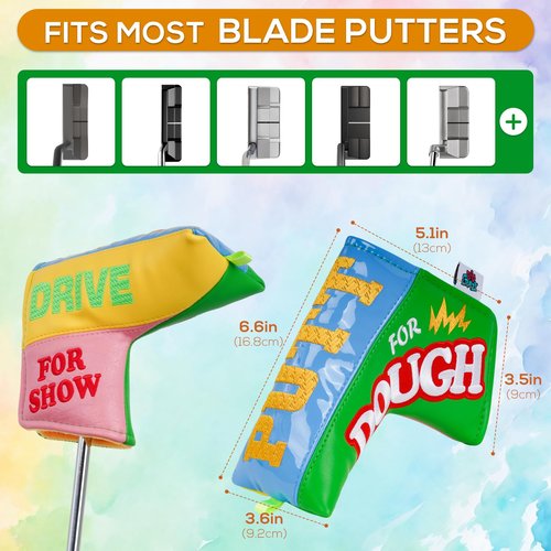 Big Crazy Golf Club Head Covers, 3-Pieces Driver Headcover, Magnetic Blade Putter Cover, Funny Design Drive for Show Putt for Dough, Golf Head Covers with Bright Colors and Waterproof Leather