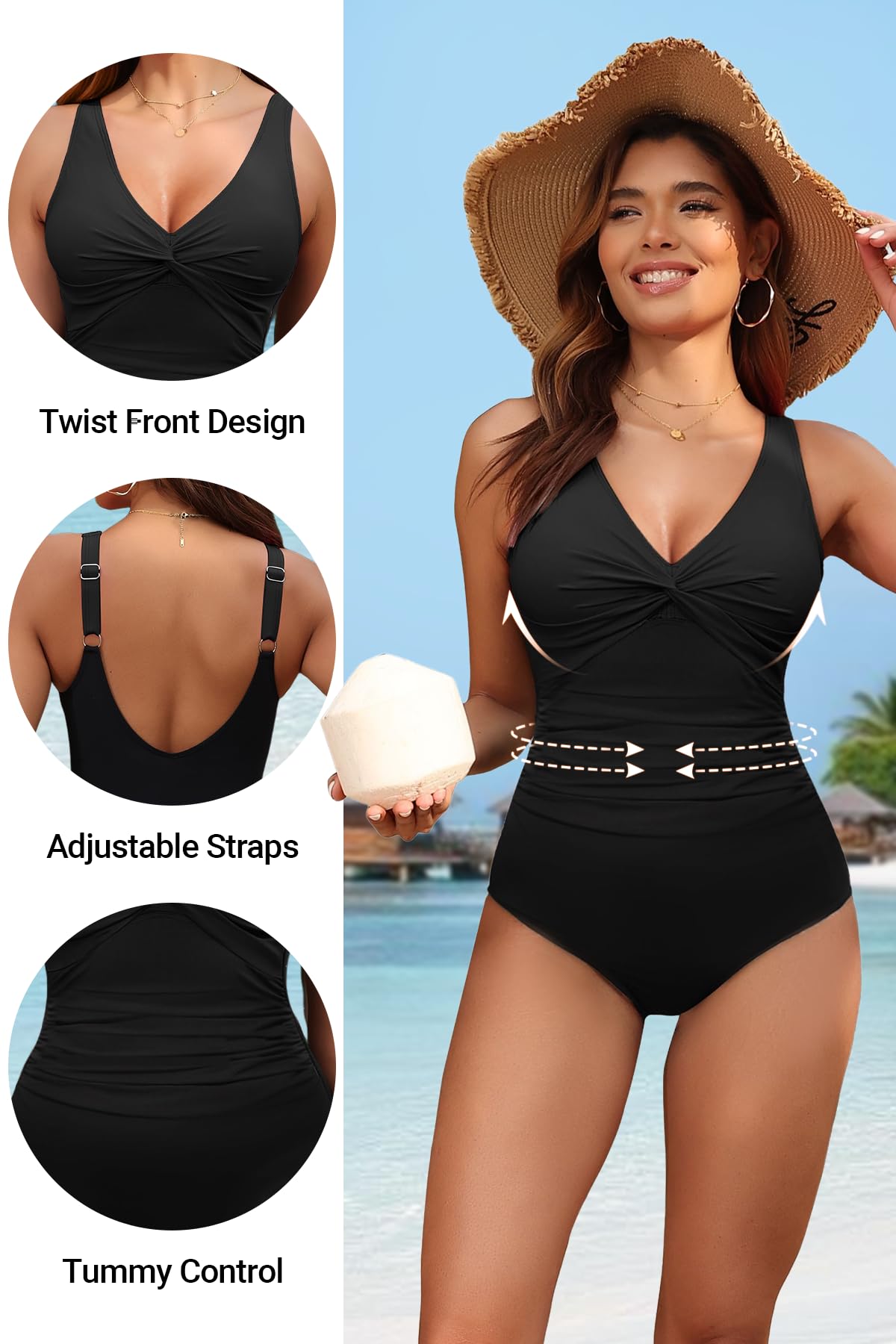 Holipick Black Plus Size Women Tummy Control One Piece Swimsuit - Push Up Bathing Suit Full Coverage Slimming Swimwear 20 Plus (US 20W)