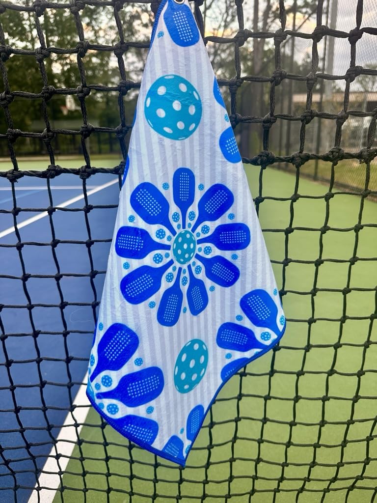 Pickleball Towel, Gifts for Women, Pickleball Accessories, Flower Microfiber & Cotton Athletic Sweat Towel with Carabiner Clip, Blue Pickle Ball Theme Gifts, Pickleball Gear(Blue Flower)