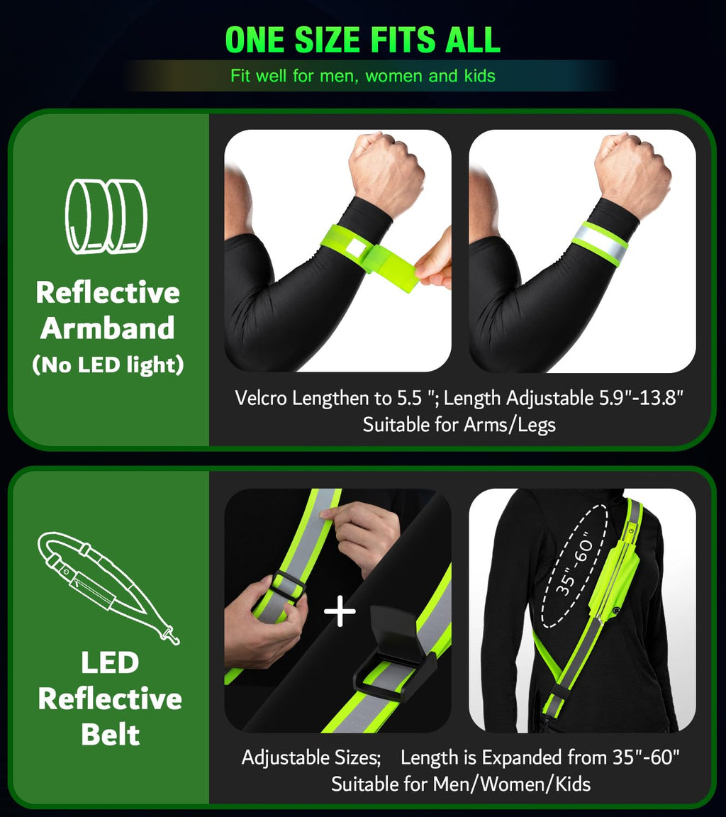 LED Belt Reflective Sash for Walking at Night,High Visibility Adjustable Night Running Safety Gear,Light Up Running Belt Reflective Gear with Phone Bag/Armband for Runners Walkers Men Women (Green)