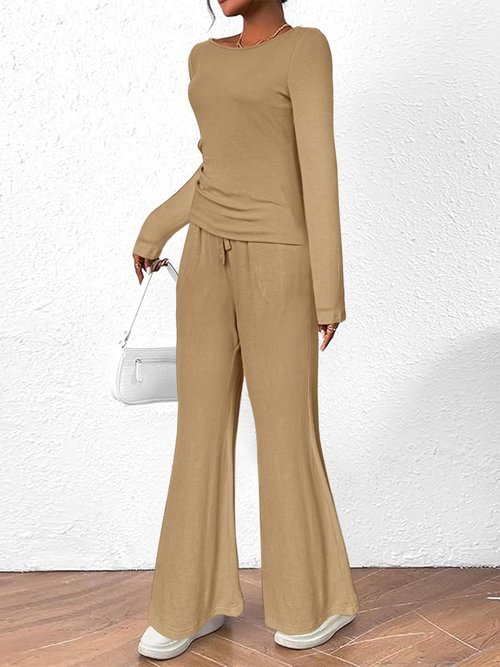 BeautyNee 2 Piece Matching Sweatsuit - Women's Casual Lounge Set with Wide Leg Pants & Crop Top | Khaki M