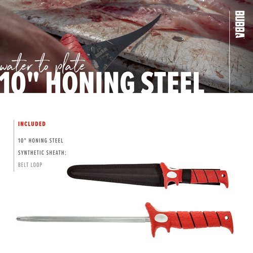 Bubba 10 Inch Honing Steel with Non-Slip Grip Handle, High Carbon Stainless Steel Construction, Lanyard Hole, and Synthetic Sheath for Fishing Knives