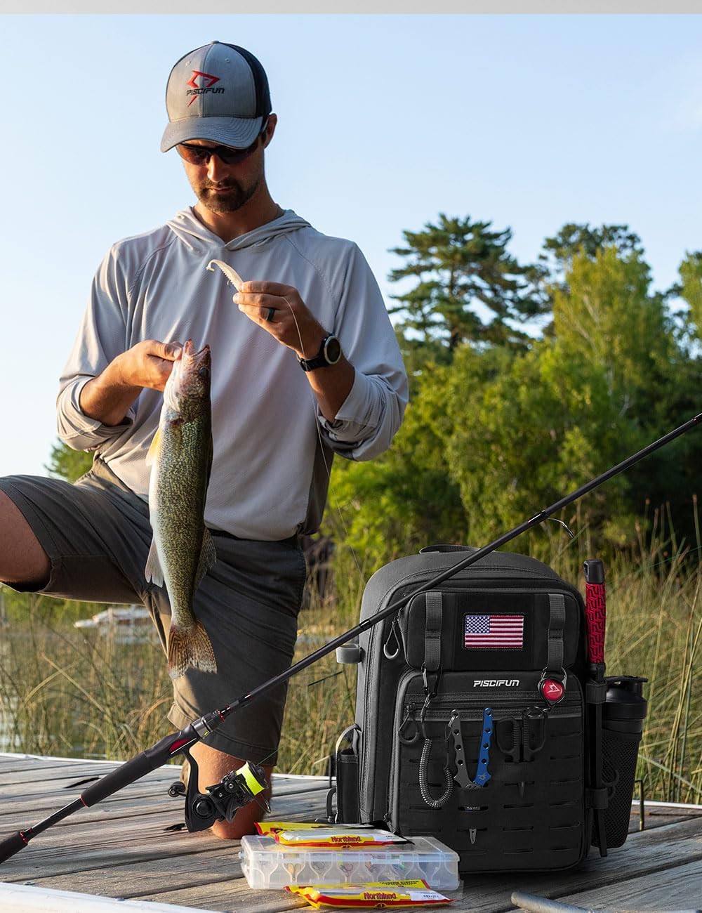 Piscifun Fishing Backpack - Water-Resistant Tackle Bag with 2 Rod Holders & Multi-Compartment Storage