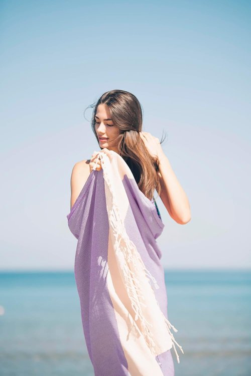 Bazaar Anatolia Turkish Beach Towel - 100% Cotton Quick Dry, Sand-Free, Oversized 71x39 in Purple