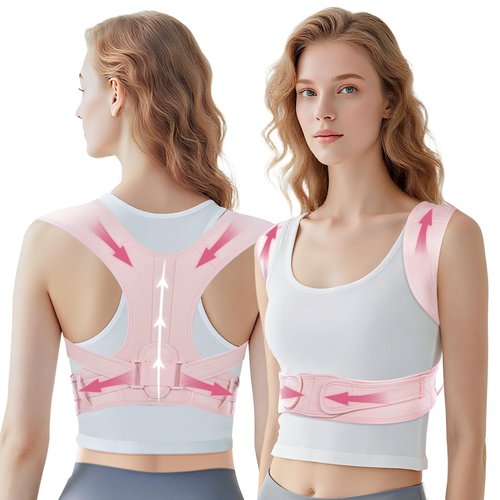 FHOCSLO Posture Corrector for Women, Adjustable Upper Back Brace to Relief Neck Shoulder Pain, Back Support Straightener for Scoliosis and Hunchback (Pink, L/XL)