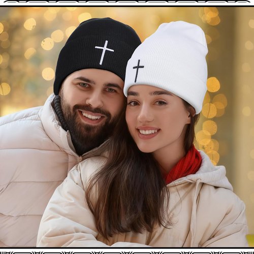 Newcotte 4 Pcs Christian Cross Beanie Jesus Hat Skull Winter Cap Embroidery Knitted Unisex Beanies Faith Religious Gifts for Men Women Teen Winter Sports