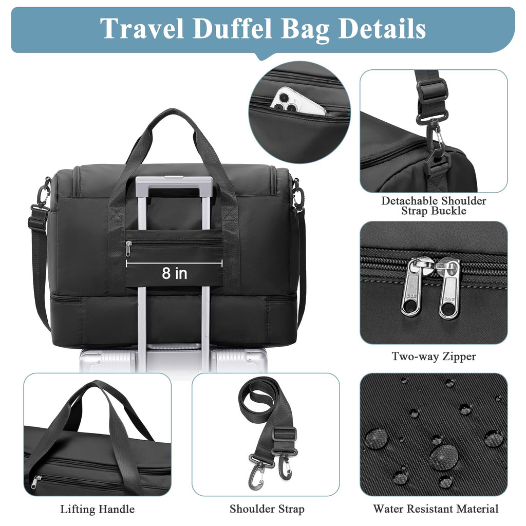 Extra Large Travel Duffle Bag,Carry on Overnight Weekend Bag with Shoes Compartment,Weekender Bags for Women for Travel Business Trips Sport Hospital,3 Pcs Set,Black