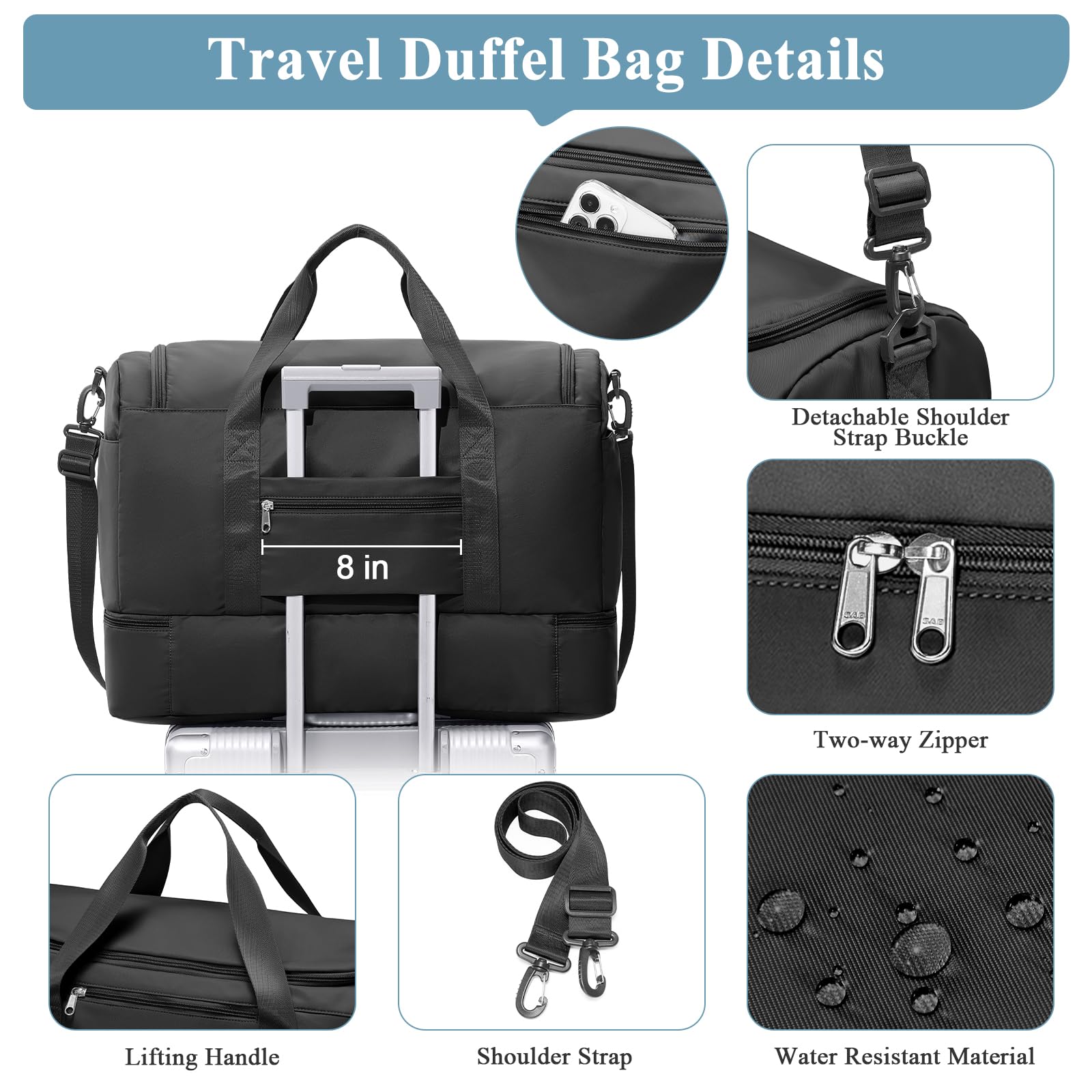 Extra Large Travel Duffle Bag,Carry on Overnight Weekend Bag with Shoes Compartment,Weekender Bags for Women for Travel Business Trips Sport Hospital,3 Pcs Set,Black
