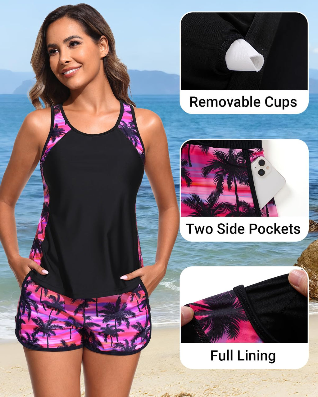 Yonique Women Tankini Swimsuit with Shorts - Tummy Control Two Piece Bathing Suit Swimwear with Sporty Pockets Pink Palm XL