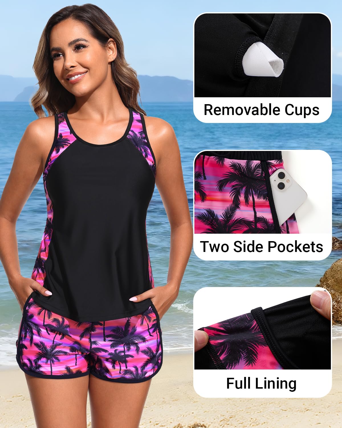 Yonique Women Tankini Swimsuit with Shorts - Tummy Control Two Piece Bathing Suit Swimwear with Sporty Pockets Pink Palm XL