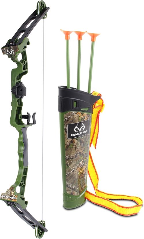 NKOK Realtree Jr. Compound Bow Set - PVC Tipped Arrows Up to 40 Feet | Includes 3 Arrows, Target & Red LED Scope for Ages 6+