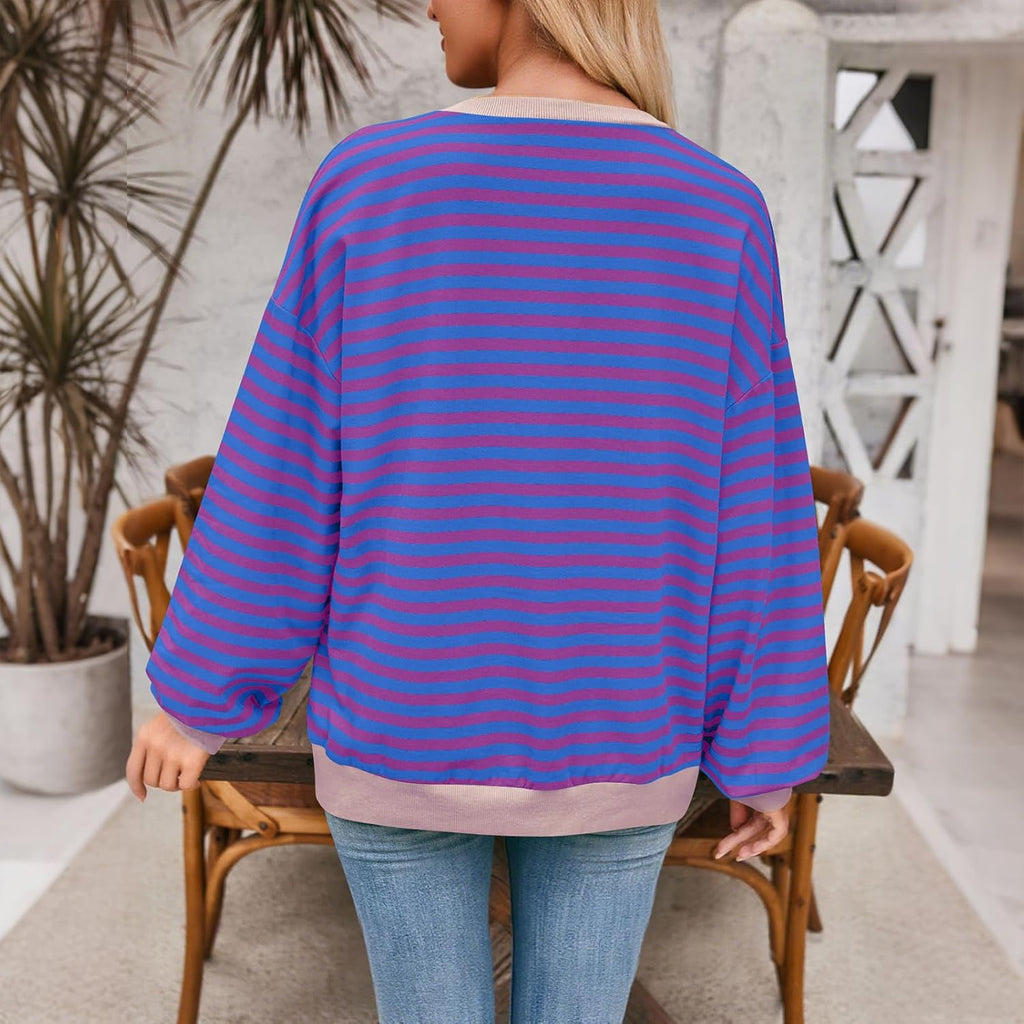 Skiennix Women's Crewneck Sweatshirt - Casual Striped Pullover Top | Plus Size Color Block Design