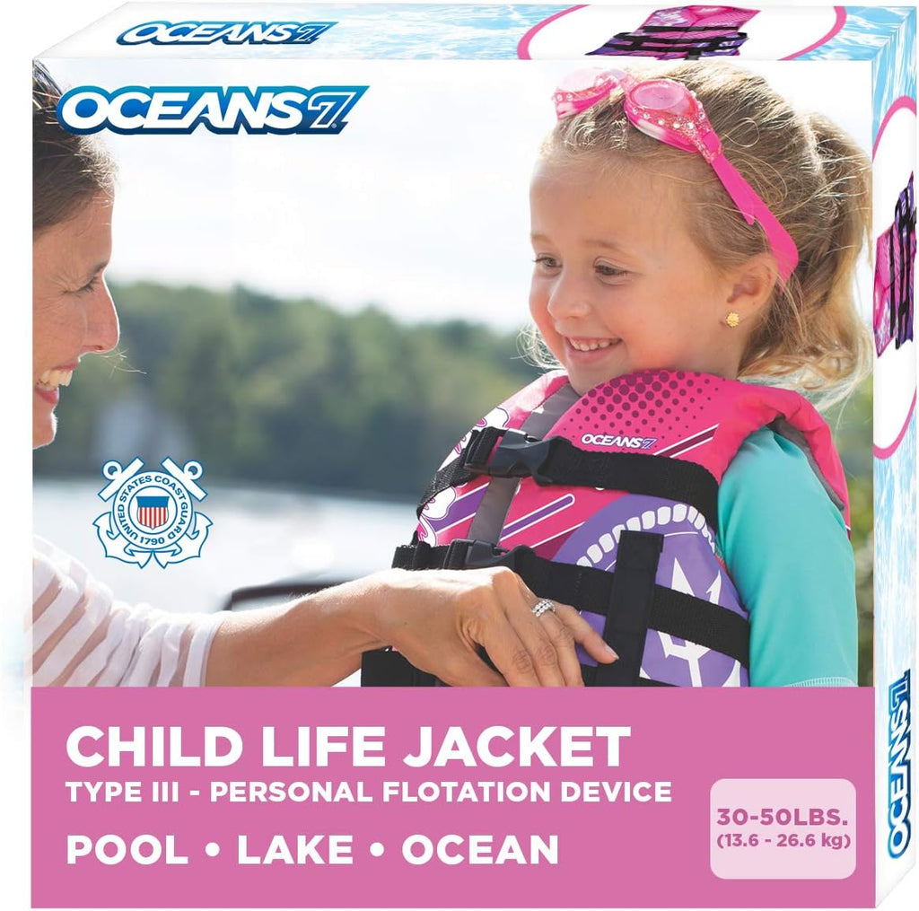 Oceans7 Kids Life Jacket - US Coast Guard-Approved Type III PFD | Flexible-Fit Open-Sided Design - Pink/Berry 30-50 lbs