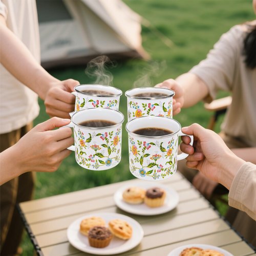 Jucoan Enamel Camping Mug Set of 4, 16 oz Vintage Enamel Metal Coffee Mug with Lid and Handle for Home Office Kitchen Outdoor Camping, Lightweight & Unbreakable Camp Coffee Tea Drinking Cup